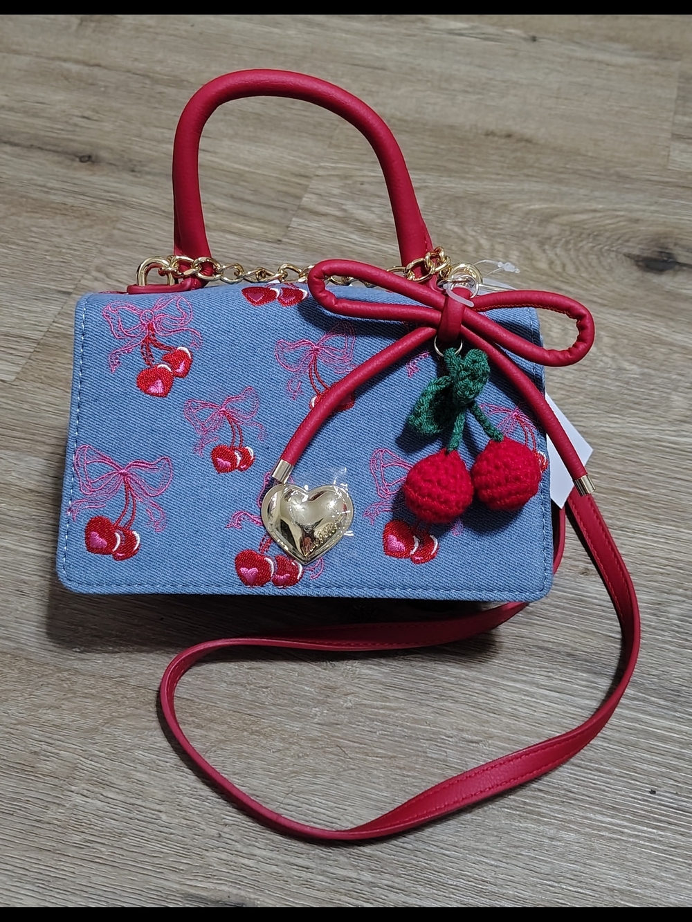 Luv Betsey by Betsey Johnson denim bag w/ cherry embroidery & cherry charm
